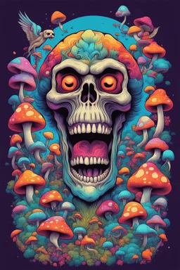 Psychedelic monkey skull looking high and grinning, surrounded by clouds and overgrown with psychedelic mushrooms. Birds flying around the skull. Digital drawing. Colorful. t-shirt design. Cartoon. Digital cartoon. Mid detailed. Super happy. Cheerful. Light hearted. Colorful. Vibrant colours.