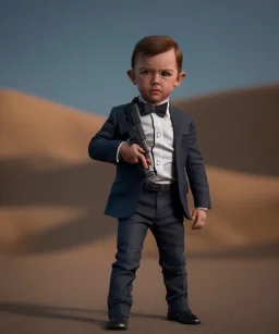 James bond toddler, full body, gun, car, dramatic lighting, hyper realistic