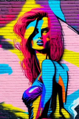 graffiti art on the brick wall portraying a female super model posing confidently, 8k, highly detailed, centered, epic composition, graffiti art, splash art, street art, spray paint, oil gouache melting, acrylic, high contrast, colorful polychromatic, ultra detailed, ultra quality, CGSociety