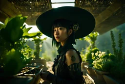 Unground underpunk and solarpunk tunnels, cinematic, extreme dof, dystopian, sci-fi, award-winning, Yui working hard in a garden, National Geographic, breath taking, oxygen farm but outside is a desert, fantasy, magical, geometry