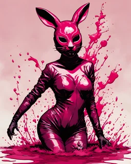 Asian woman, leaning pose, rabbit mask, pink short hair, latex suit, highly detailed, fullbody, splashes blood, behind guts rising from the ground, papercut illustration by <John Kenn Mortensen>, darkred tones,