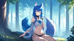 Girl look like wolf, wolf paws on hand , animal paws, wolf ears, wolf tail,blue hair, open navel, one house, forest, collar on neck,sit.