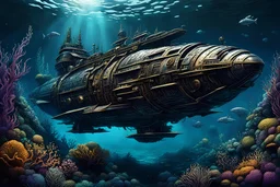 underwater in big ocean an ancient giant metal space ship lies down, fantasy, surreal, weirdart, cyberpunk, dark colors, extreme high illustration, textured hypermaximalism, dark water with sea plants, masterpiece, intricate details hyperdetailed, award winning picture