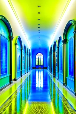 An exhibition of paintings whose walls are in the shape of an oval and made of blue glass and its floor is light with a wall in the middle of the hall to divide it into two parts with a corridor at the beginning and end of the wall