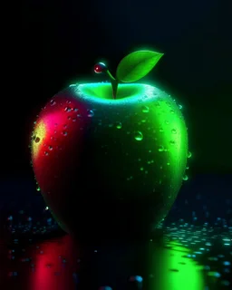 A neon glow background, fresh apple with Glistening Water Droplets, Fresh and Inviting, 8k, masterpiece, detailed