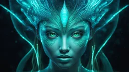 The photo features a bioluminescent and bioluminescent art style depicting a divine female alien god. Bioluminescent moist translucent glowing skin, ethereal glowing eyes, extra long neck, medium front third eye, large head fins and ear fins show off a charming, perfect face in ultra-realistic detail. The composition imitates a cinematic film with dazzling, gold and silver lighting effects. Intricate details, sharp focus, crystal clear skin create high detail.