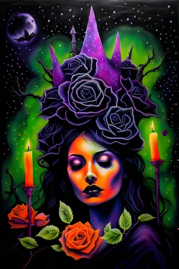 a woman wearing a thorny crown of black roses and weeping black tears, Halloween, bats, full moon in a nebula sky, neon spray paint, acrylic paint, fantastical surrealist world, in the style of Stephen Gammell, extremely detailed Zentangle style, sick, gothic, eldritch, candles, neon grape purple, dayglo orange, chartreuse green, Halloween