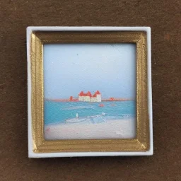 tiny oil painting of tiny seaside village, plain white background, solid white background, tiny white canvas, tiny white frame, melancholy, tender, moody, vintage, delicate arrangement, beautiful composition, etsy, aesthetic layout, plain solid white background