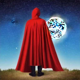 Standing king with his sword , red cape , armor , night , full moon , Stars ,