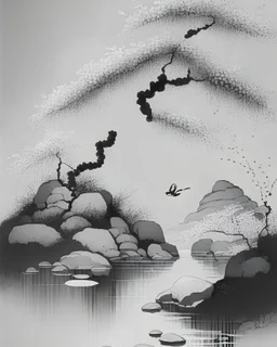 A peaceful Zen garden, complete with a tranquil pond, delicate cherry blossoms, and carefully arranged stones, in the style of traditional Japanese ink painting (sumi-e), minimalist composition, elegant brushstrokes, subtle tonal variations, 11K resolution, inspired by the works of Sesshu Toyo and Hokusai, evoking a sense of harmony and balance.