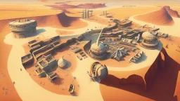 desert city from above, wind generators, retro futuristic, comic style
