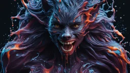 Unsplash art, a quirky liquid portrait of a hauntingly beautiful dark werewolf woman, splash style of paint, Pixar style, Halloween colors, hyper detailed intricately detailed, fantastical, intricate detail, splash screen, liquid, gooey, slime, splashy, fantasy, concept art, 8k resolution, masterpiece, melting, complex background, intricate detailed, dark colors, fantasy, concept art, digital art, intricate, oil on canvas, masterpiece, expert, insanely detailed, 4k resolution.