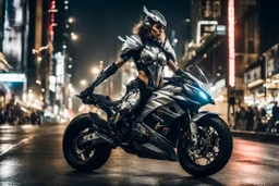 full image street photography art full body beautiful woman angels warrior character, anthropomorphic figure, wearing futuristic cyborg warrior armor and weapons, on night city street driving ducati motorsports