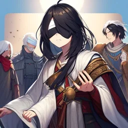 White haired girl with blindfold wearing robes. Boy with black hair in peasant clothes. Include background