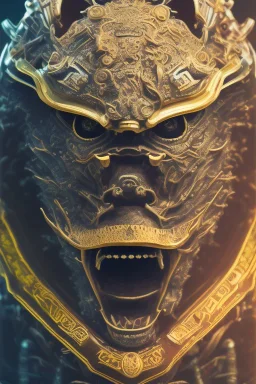 Furious rage, samurai mask, close-up, macro lens, centered camera, intricate details, small minutiae, tiny features, particulars, colorful, 8k, least ambient occlusion, volumetric lighting,