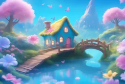 Little fairy house set set in a magical forest. Lots of flowers, birds and butterflies. Sparks of light everywhere. The sky is blue. In the foreground are pink and yellow flowers, then a turquoise river that flows into the forest. a small wooden bridge. Hight definition 8k