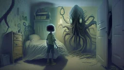 a lovecraftian alien overlord emerges from a child's bedroom closet