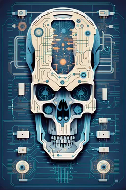 FLAT VECTOR LAYERED IMAGE OF CYBERNETIC SKULL PARTS IN A SCHEMATIC