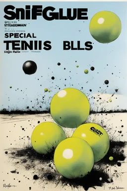 SNIFFIN’ GLUE magazine high res photo cover by Ralph Steadman: special squared tennis balls ; guest star : squared balls
