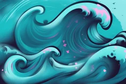 a background of surf waves with black linework, blue teal tones, surf culture, kawaii cute. + vector linework. swirling in bottom right. add pink and magenta graffiti lines over edges