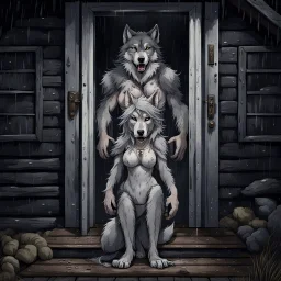 fantasy digital art of crying young female anthro wolf in gray hairy wolf body and wears just a short canvas rag around her waist , sadly crying face stands in the rain front the door, behind her an tall anthro dark hairy wolf man standing behind in rustic halb open door in an massive wooden house, deep colors, rainy day, detailed, anthropomorphic creatures, fantasy, sci-fi mood