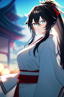 girl, masterpiece, best quality, cinematic lighting, detailed outfit, vibrant colors, perfect eyes, blue eyes, long hair, black hair, messy hair, hair between eyes, depth of field, ray tracing, miko, ponytail,