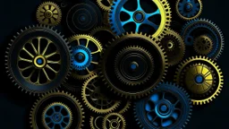 Gears with interlocking sprockets, in shades of cobalt, slate and sky blue and on a black background, make up an abstract horizontal composition. Circles and straight and curved lines are grouped around and over the gears, and are drawn in metallic gold against the dark background, but continue in black where the gears intersect.