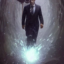 Ape in suit, 16D lighting, surreal fantasy art,16D detailed face head and shoulders portrait, 8k resolution concept art portrait by Greg Rutkowski, Artgerm, WLOP, Alphonse Mucha dynamic lighting hyperdetailed intricately detailed Splash art trending on Artstation triadic colors Unreal Engine 5 volumetric lighting