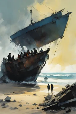 [Alex Maleev] kids in a small barque approaching an abandoned robot wreckage on the beach, under a scree