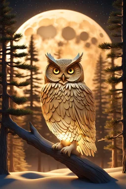 A captivating and mesmerizing 3D render of a striking minimalist silhouette of an owl, transformed into a nighttime scene. The owl's body is filled with a warm golden hue, representing a starlit sky and a radiant full moon. The center features a delicate, flying bird, symbolizing the owl's spirit. Beneath the owl, a serene landscape of pine trees and a resting owl unfolds, creating a sense of tranquility and harmony with nature. This enchanting illustration masterfully blends elements of wildlif