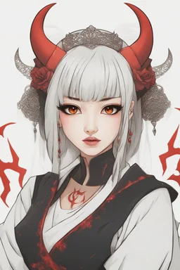 Beautiful devil asian girl with devil horns on her head, with brown eyes, detailed, looking at the camera, princess