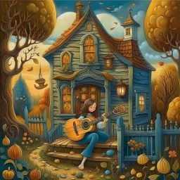 a painting of a house with a woman playing a guitar, a storybook illustration by Endre Bálint, behance contest winner, magic realism, storybook illustration, whimsical, detailed painting