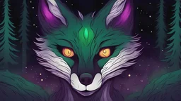 evil looking humanoid fox like creature turning to face you, dark forest background, glowing eyes. hunched over, staring covered in decay, deep shades of green, starry night sky, dark rainbow gradient sky