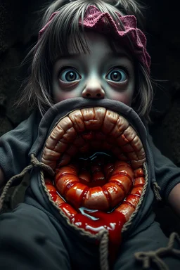 Closeup tall Girl goth with big eyes, fullbody, crushed inside really fleshy stomach filled with digestive juices, ragged clothes, the perspective looking up from the bottom of an empty well ,8k,macro photography,