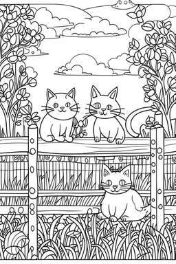 coloring page for kids, Cats on a fence, cartoon style, thick lines, low detail, no shading