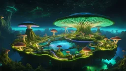 "An expansive view of numerous floating islands, each unique in design and purpose, interconnected by vast network of glowing,mycelium-like strands. islands vary from lush,green landscapes with giant, colorful mushrooms to more technologically advanced settings with futuristic structures. The connecting strands are thick and vibrant, creating a web that glows against the dark,starry background. The scene is magical,sense of wonder exploration, reminiscent of a detailed, high-fantasy RPG world