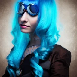 steampunk, head, woman, rendering, blue hair, electric circuits, lowlights