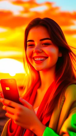 express yourself, a girl with an iPhone happy at sunset