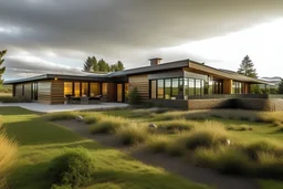 a modern, ranch style house that has an unkept yard, art in the style of spirited away