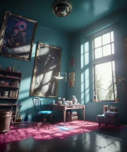 Ultra Realistic Room image with big sweet monster, Kandinsky artist style, highly detailed, unreal engine 5, RTX, ultra detail, volumetric lighting, finely drawn, high definition, high resolution.