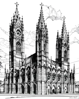 black and white colors only ; illustration of saint jacques cathedral in spain viewed from obradoiro squared; no background