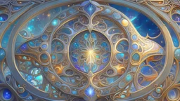 art by Alfons Mucha and Patrick Woodroffe, stained glass motif, bilateral symmetry, Ouroboros, infinity symbol, mystical, mechanistic, metaphysical, serpentine, cosmic, nebula, HD 4K, sharp detail, photo-realistic, octane rendering, award winning photography, cinematic lighting