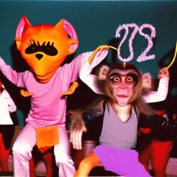 1980s photo of new year's party alien monkey with dancing cats evil