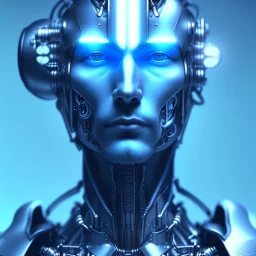 A beautiful portrait of a cute cyborg man blue color scheme, high key lighting, volumetric light high details with white stripes and indian paterns and wimgs