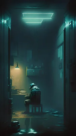 dimly lit grimy cyberpunk security room with a single watchman sitting inside