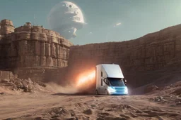 A Tesla 'Semi' (semi truck) is going at a high speed, within the trench of the Death Star. (CINEMATIC, WIDE ANGLE LENS, PHOTO REAL)