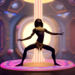 beautifull dark skinned dhalsim, disco yoga, delicate hands , stretching artist with long hair in a yurt in the air, maze background , levitated lab equipment, 4k, Highly Detailed, Masterpiece, perfect eyes, Digital Illustration, Cinematic Lighting, Realistic, Sharp Focus, Centered, Beautifully Lit, Bioluminescent by Stanley Artgerm Lau