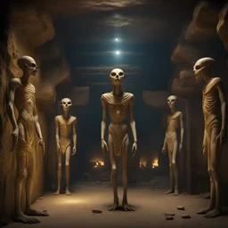 Hyper Realistic aliens inside Egyptian catacombs with lots of gold at dark night