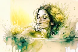 double exposure contented beautiful brunette in a big foam spa bathtube spa things, greenery and flovers, candles, plush towels, soft colors, in sunshine merged layers waterfall heart and love: burlap battery corrosion golden patina watercolor and glittering ink