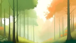 soft coloured forest wallpaper with brown, green and cream colours. anime styled.
